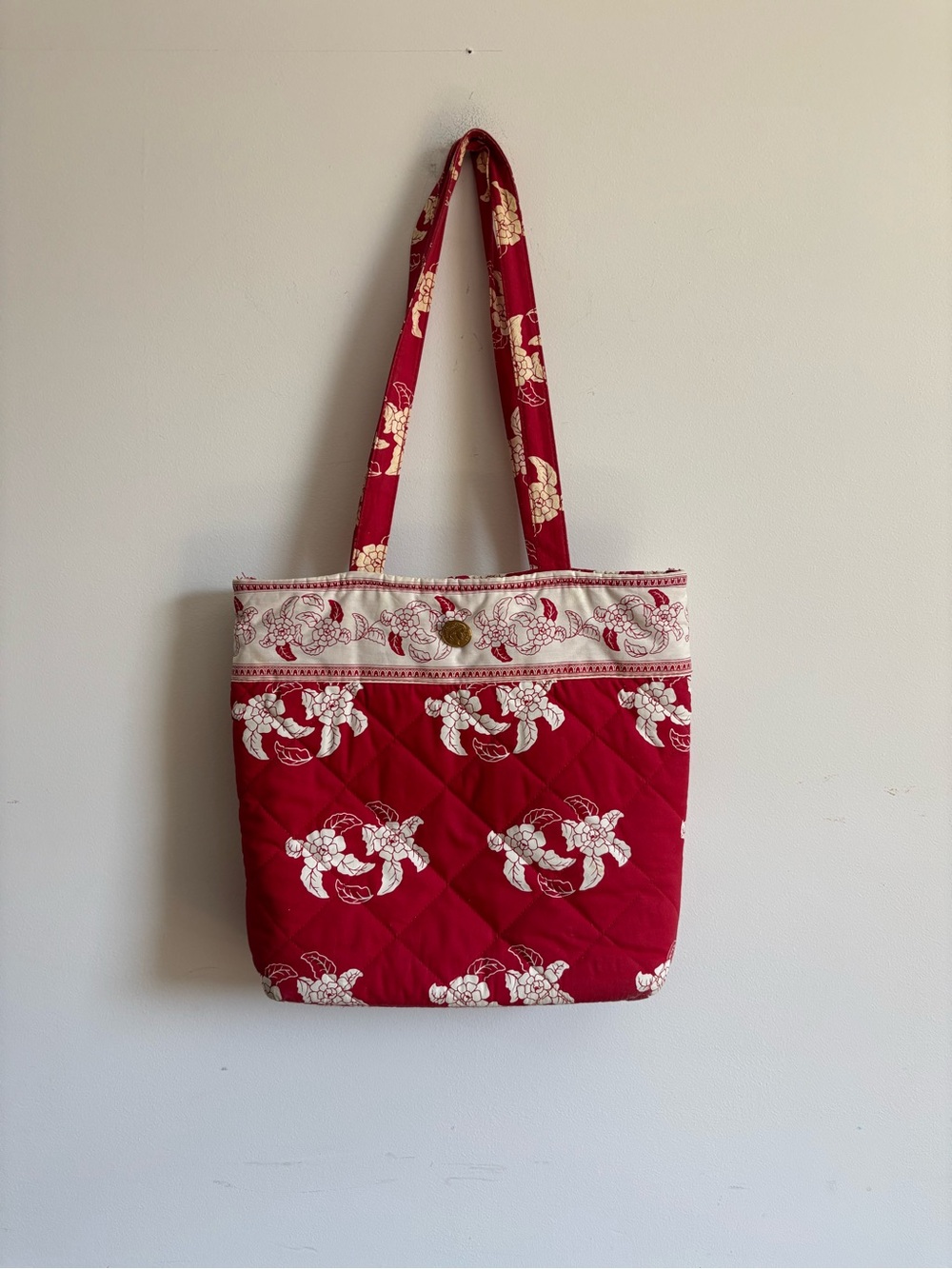 Vintage Red and Cream Quilted Floral Tote